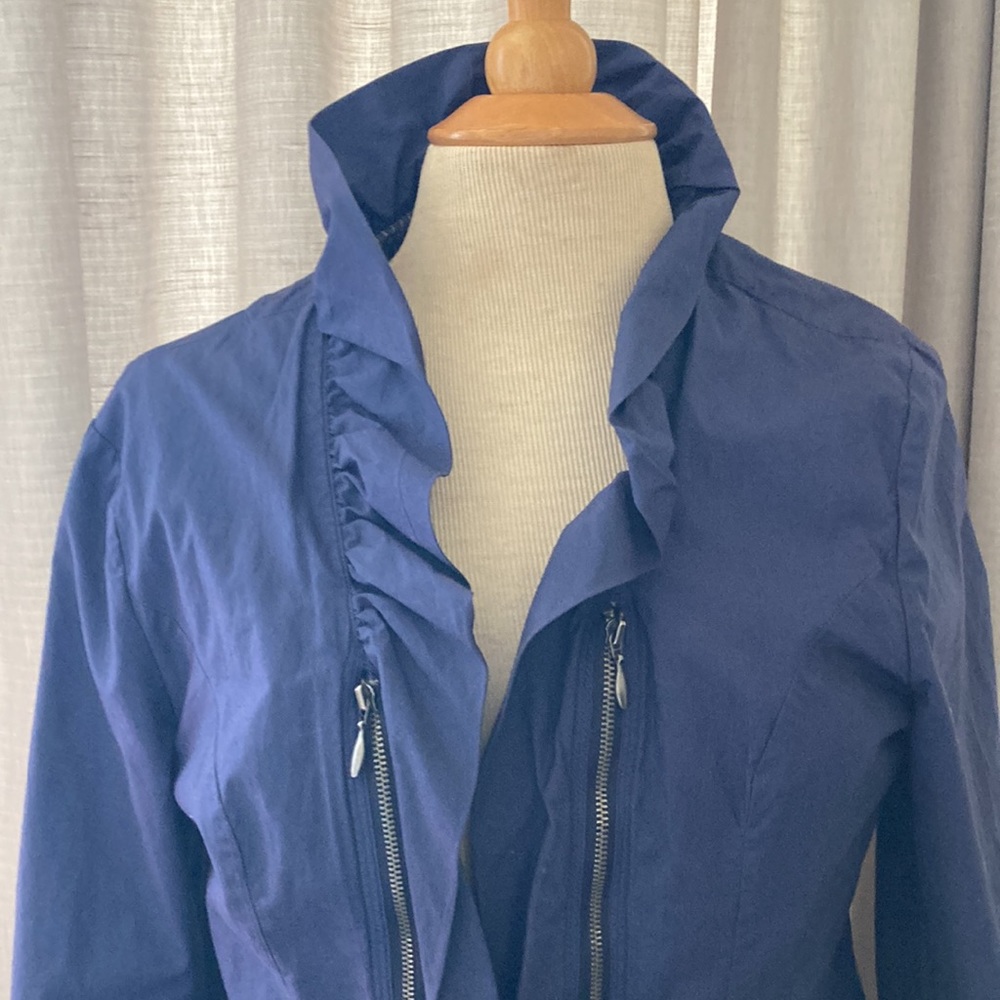 SALE - Chicos Light Navy Blue Ruffle Jacket Open Front Side Zipper Size 0